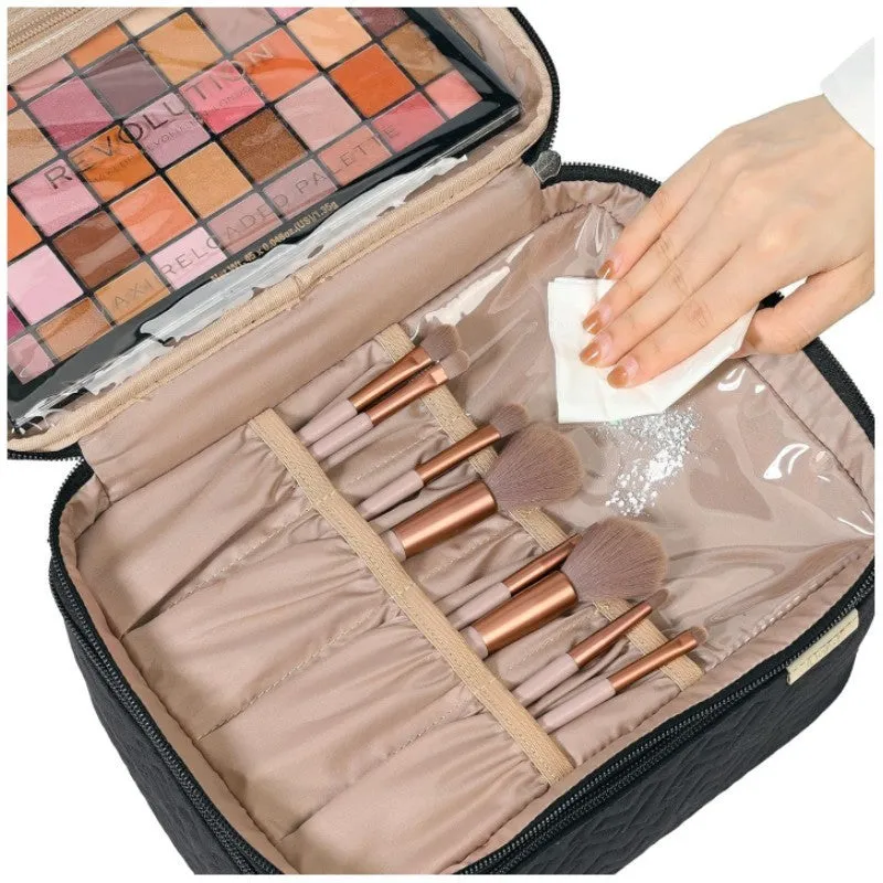 Portable double layer cosmetics bag in peach fabric leather, available in black and pink for home storage