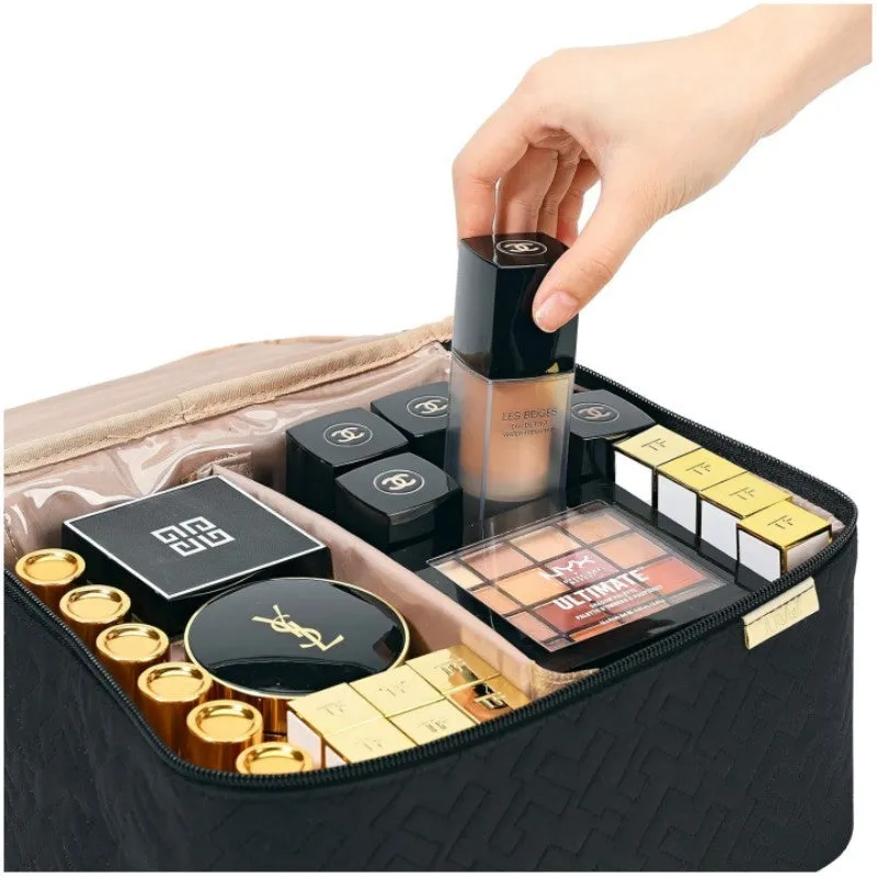Portable double layer cosmetics bag in peach fabric leather, available in black and pink for home storage