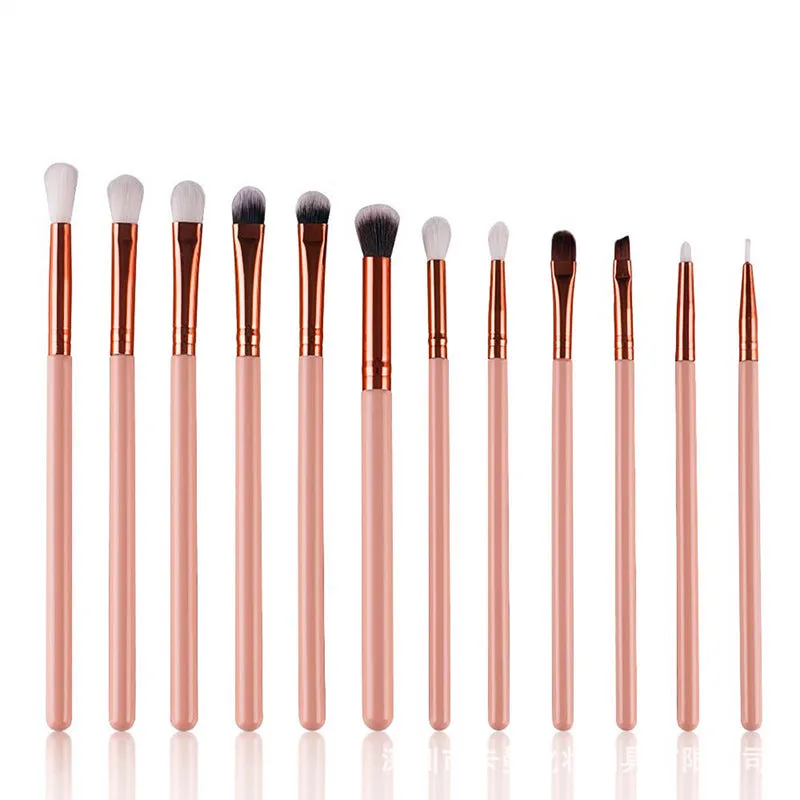 12 piece makeup brush set with wooden handles and long rod design, black and pink options, on white background