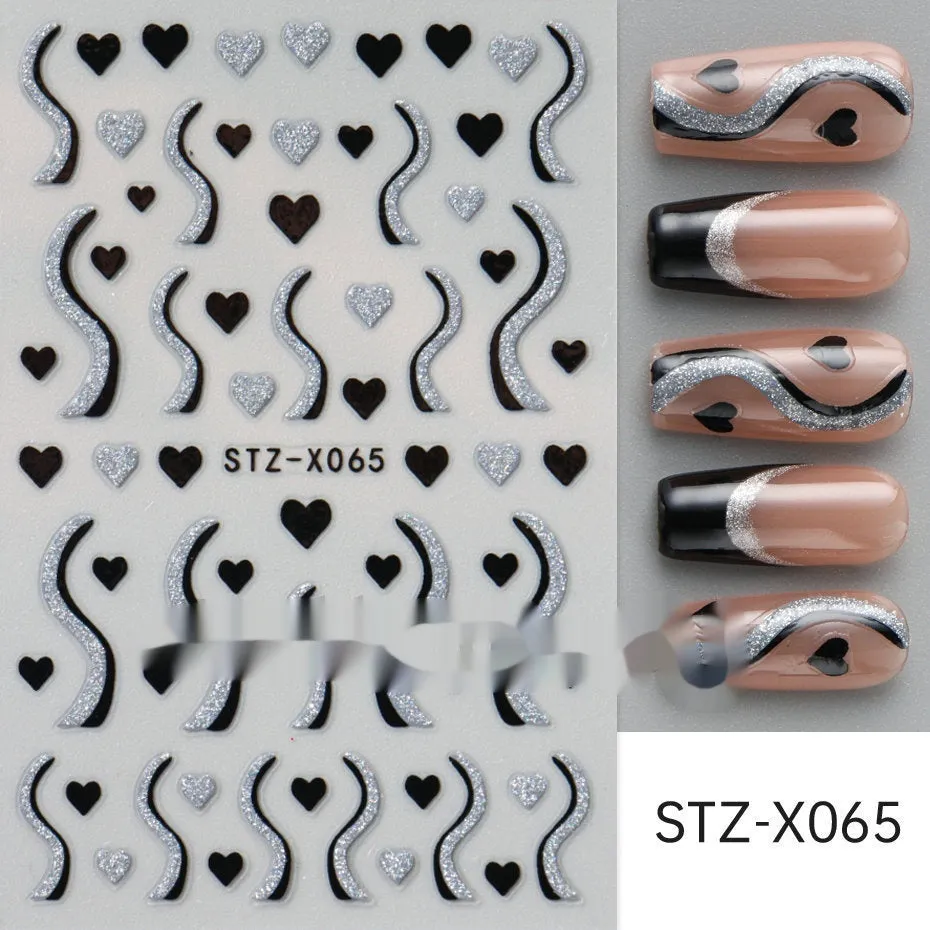 Black and silver striped cartoon pattern nail stickers with plastic application tool