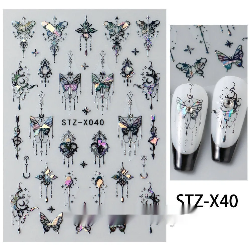 Black and silver striped cartoon pattern nail stickers with plastic application tool