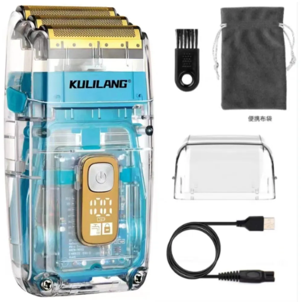 Transparent three-net barber shaver with full body washable design, available in multiple colours including silver, blue, gold, and gradient