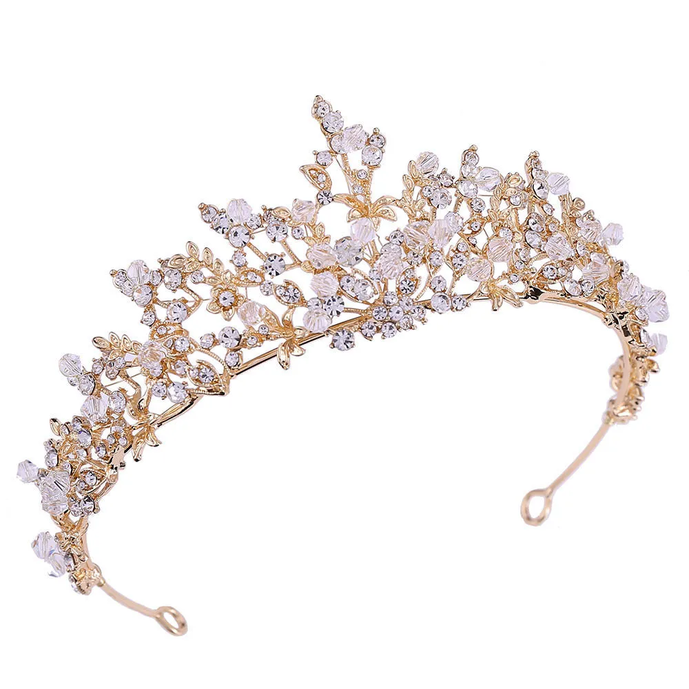 Handmade white crystal crown on alloy base in KC gold finish, 15cm by 5.6cm