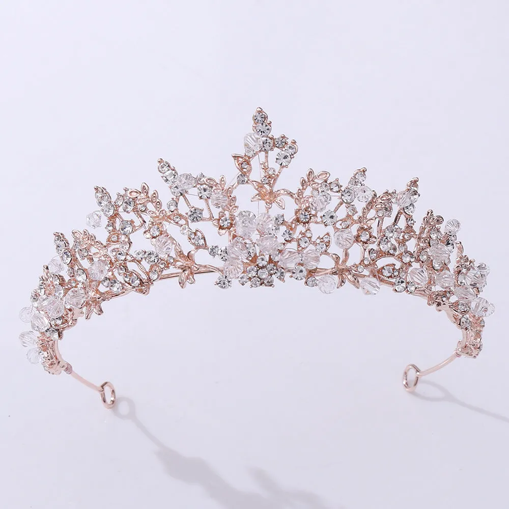 Handmade white crystal crown on alloy base in KC gold finish, 15cm by 5.6cm