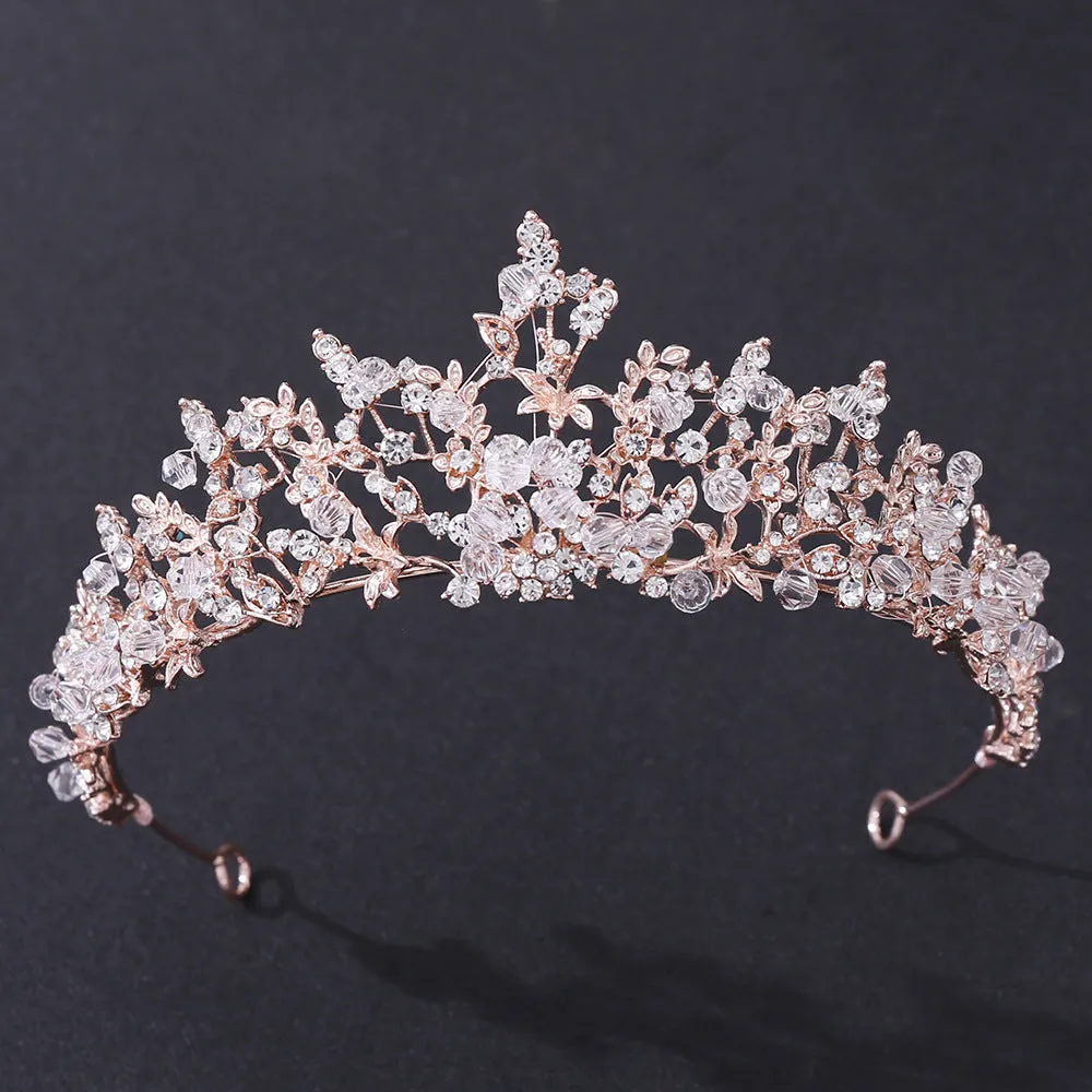 Handmade white crystal crown on alloy base in KC gold finish, 15cm by 5.6cm