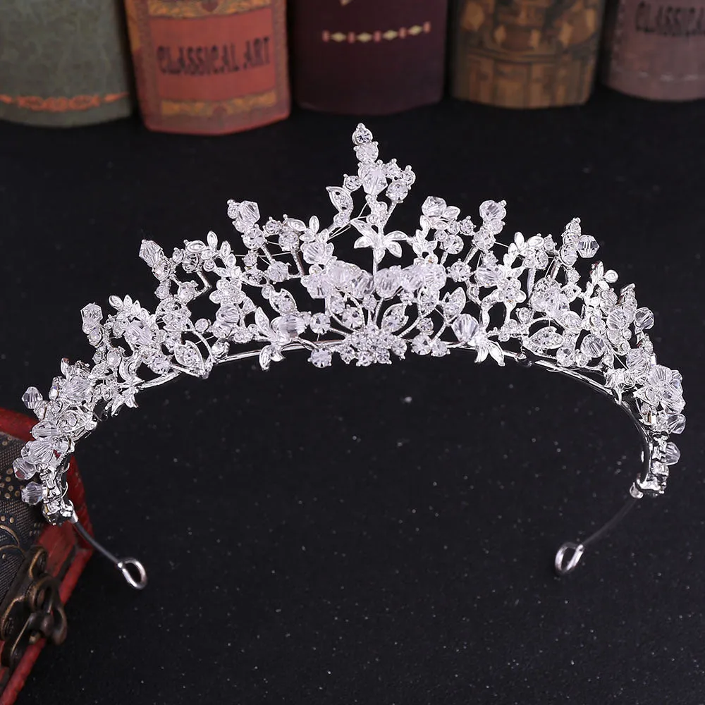 Handmade white crystal crown on alloy base in KC gold finish, 15cm by 5.6cm