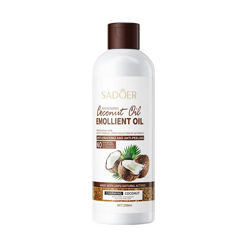 Coconut oil moisturising skin care set with 250ml emollient oil, 500ml shampoo, and 500g hair mask
