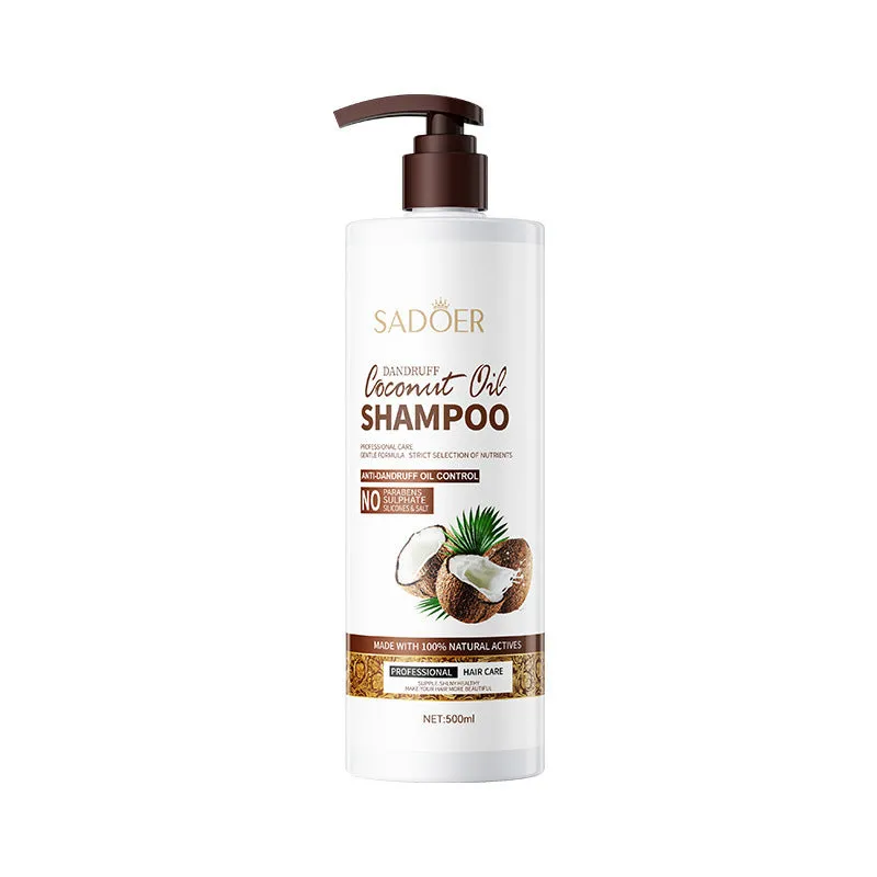 Coconut oil moisturising skin care set with 250ml emollient oil, 500ml shampoo, and 500g hair mask