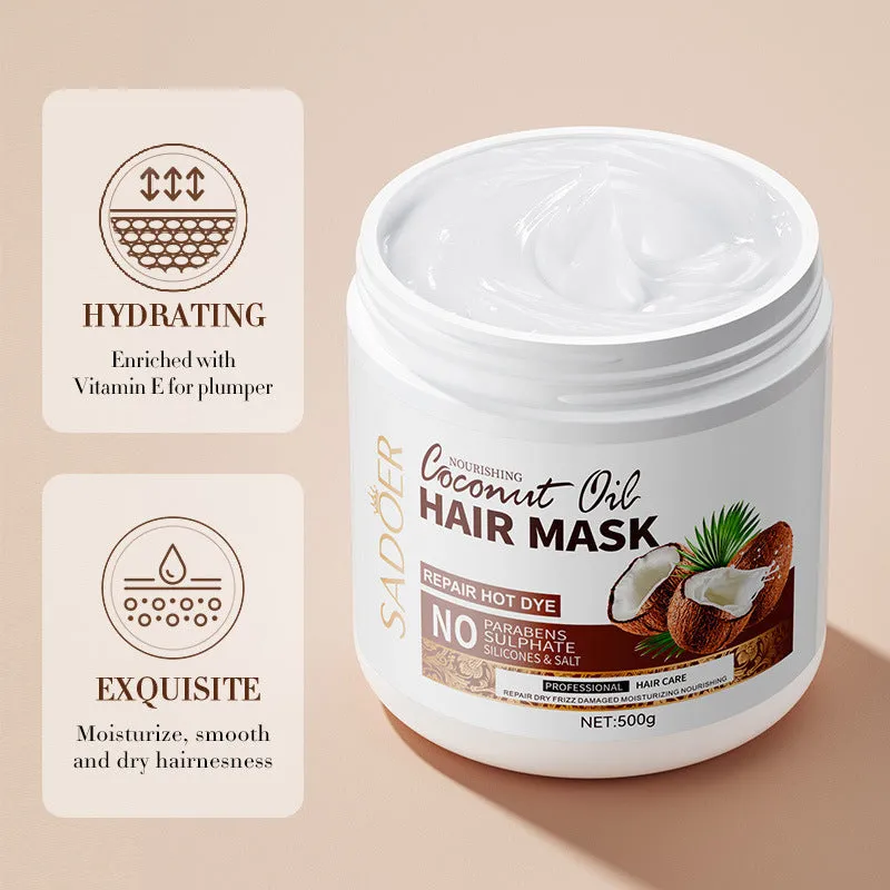Coconut oil moisturising skin care set with 250ml emollient oil, 500ml shampoo, and 500g hair mask