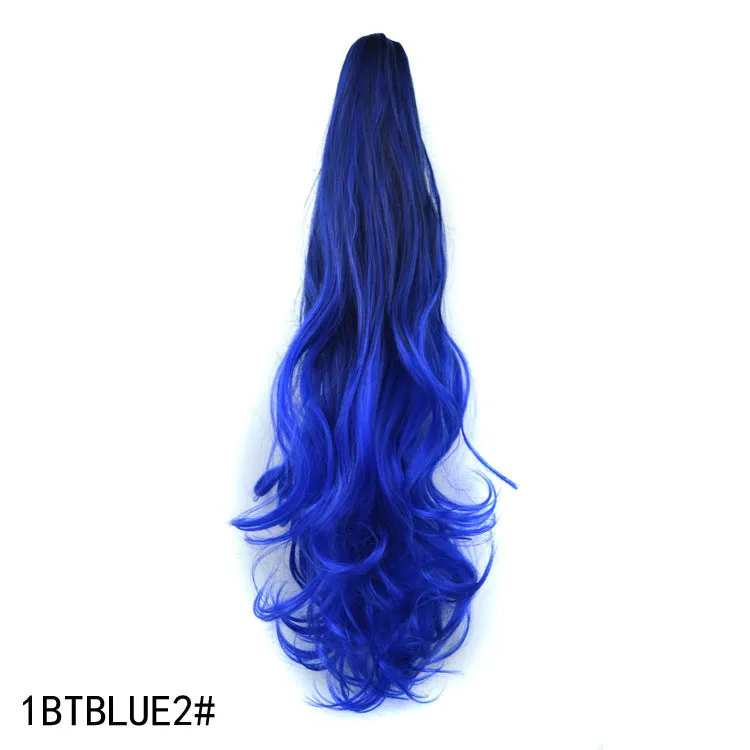 55cm colourful gradient clip ponytail wig in black deep granny grey for ladies, high temperature wire roll-style mechanism