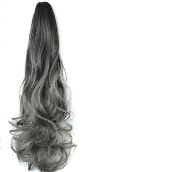 55cm colourful gradient clip ponytail wig in black deep granny grey for ladies, high temperature wire roll-style mechanism