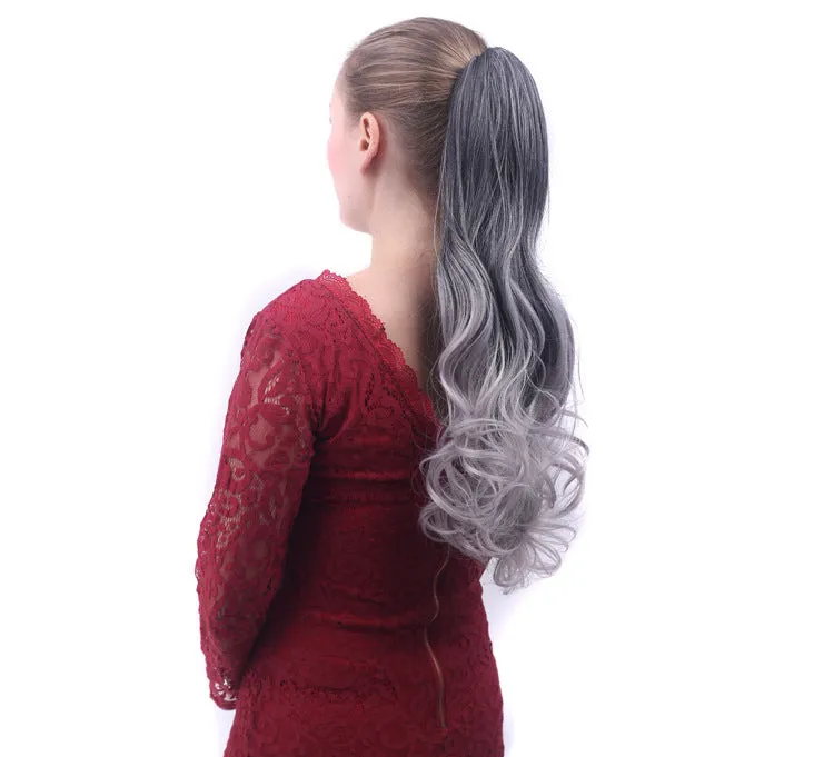 55cm colourful gradient clip ponytail wig in black deep granny grey for ladies, high temperature wire roll-style mechanism