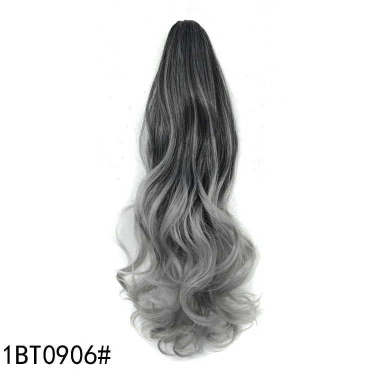 55cm colourful gradient clip ponytail wig in black deep granny grey for ladies, high temperature wire roll-style mechanism