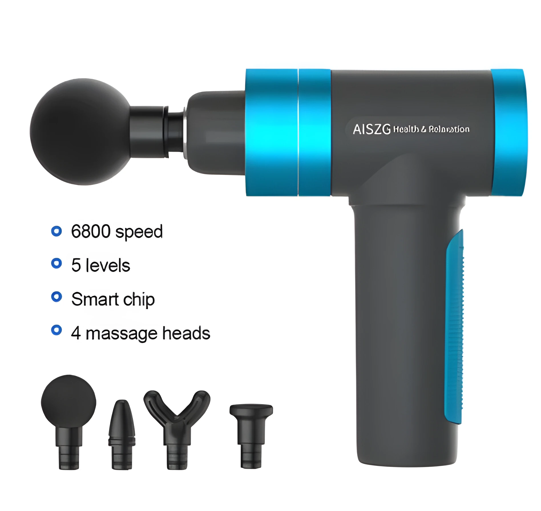 USB muscle massager in blue with space aluminium body, five speed control, and compact 225x185x60mm size