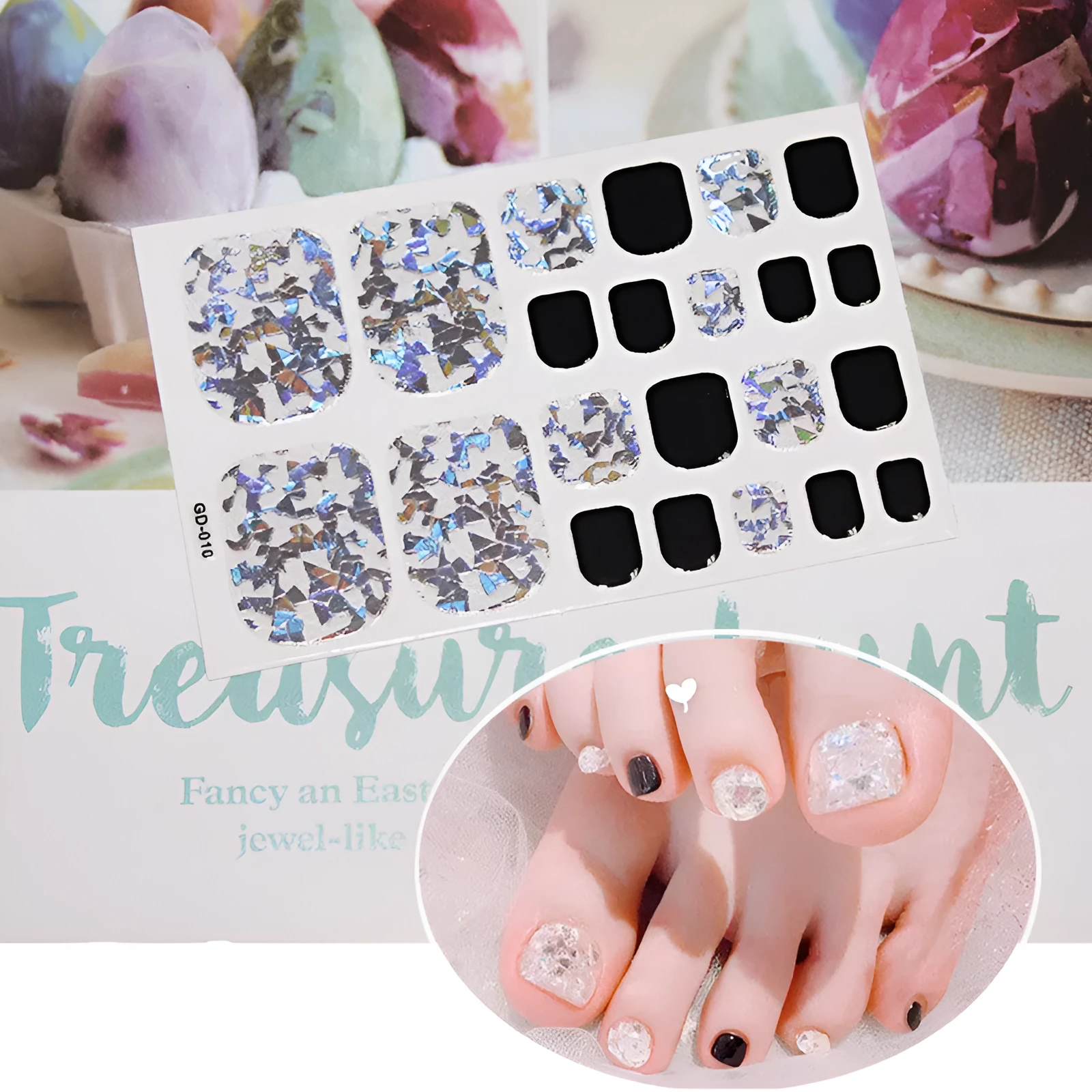 Waterproof nail stickers pack with 22 small stickers and 14 tips in colour GD001