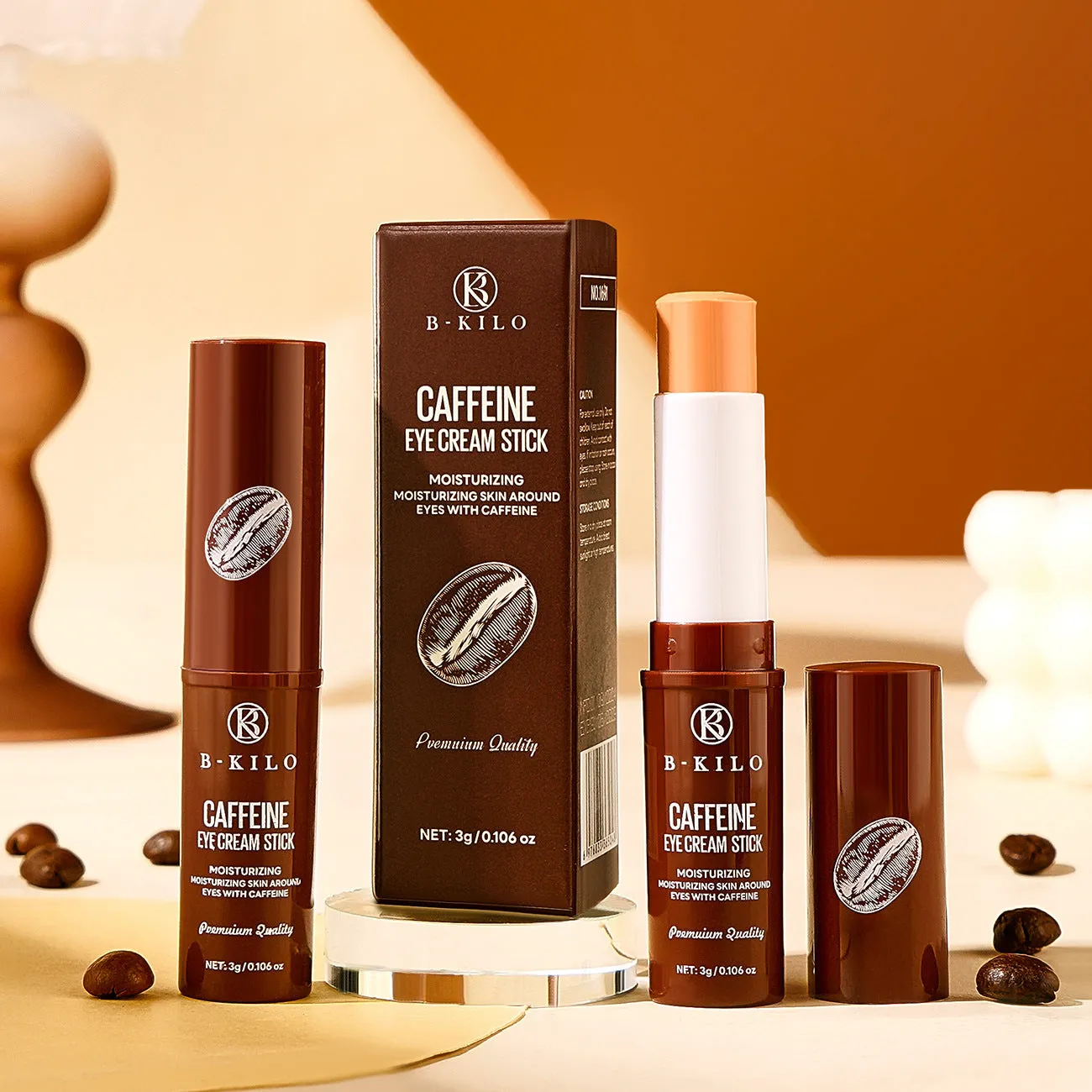 Caffeine eye cream stick in white packaging with 3g net content for dark circles and fine lines