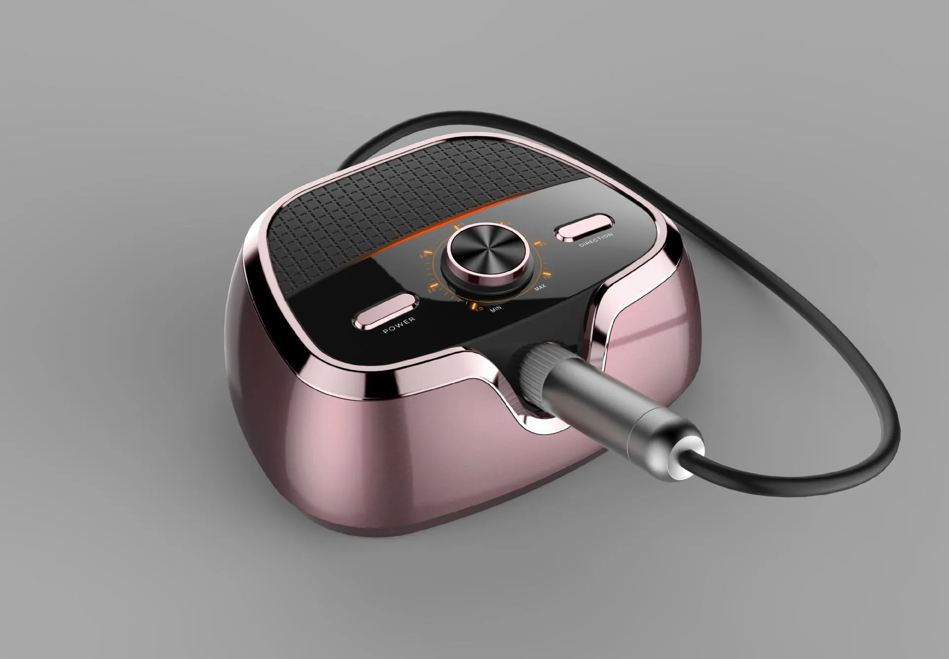 Nail polisher handpiece in golden finish with control buttons and power cord