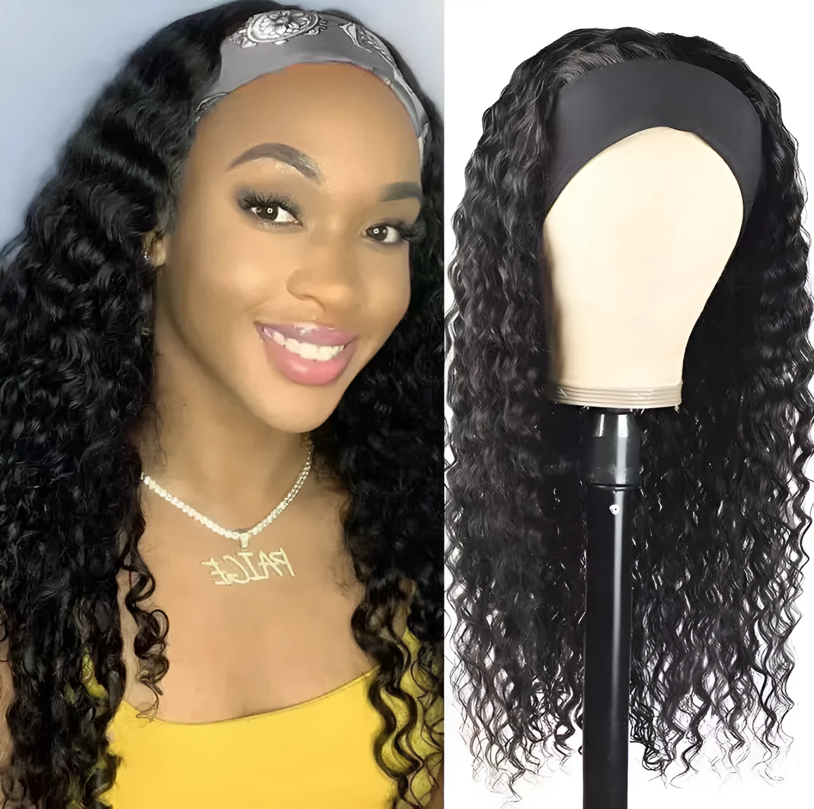Women's head scarf wig with long curly high temperature wire hair in random colour