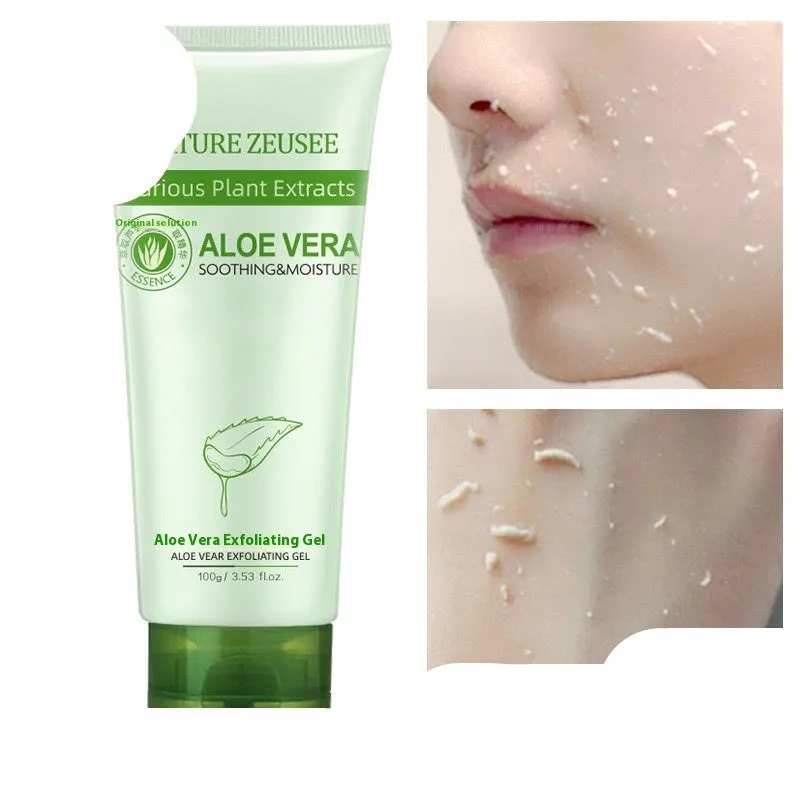 Aloe vera exfoliating gel 100g in picture colour tube with ingredient list including aloe vera, fruit oil, sodium hyaluronate
