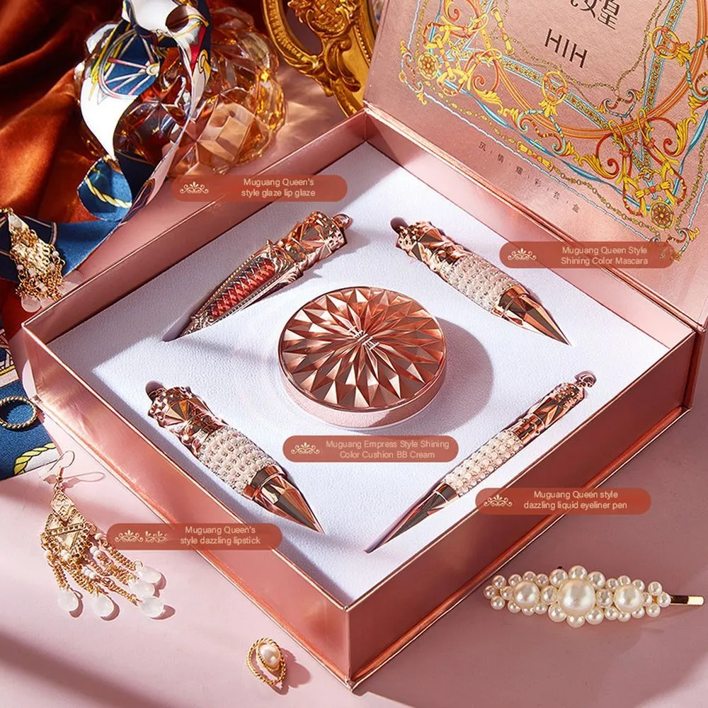 Women's Muguang Queen complete makeup set with lip glaze, lipstick, air cushion BB cream, eyeliner pencil, and mascara