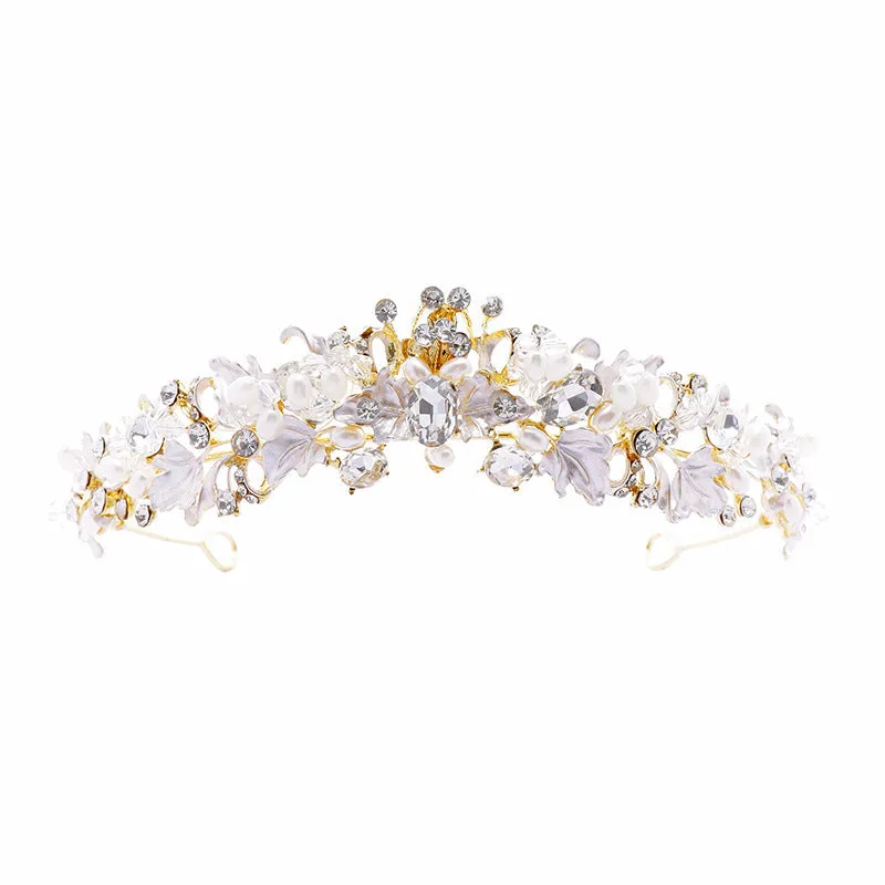 Gold or silver alloy crown hair accessory with pearl decorations for women