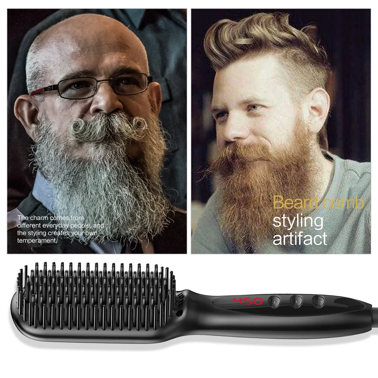 Black beard straightener with tourmaline ceramic heat conductor and temperature control display