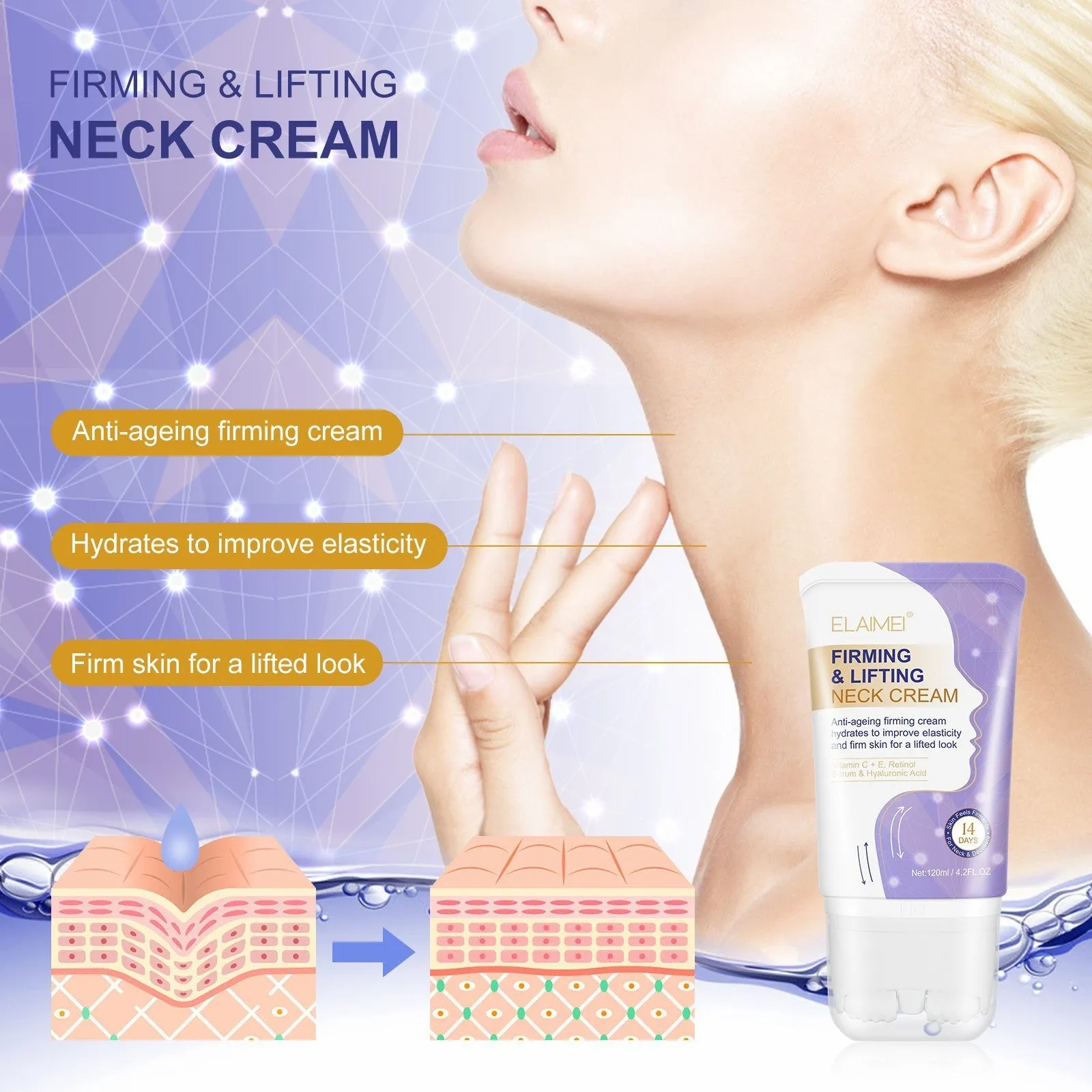 Purple jar of neck cream with multi-ball head massager, 120ml