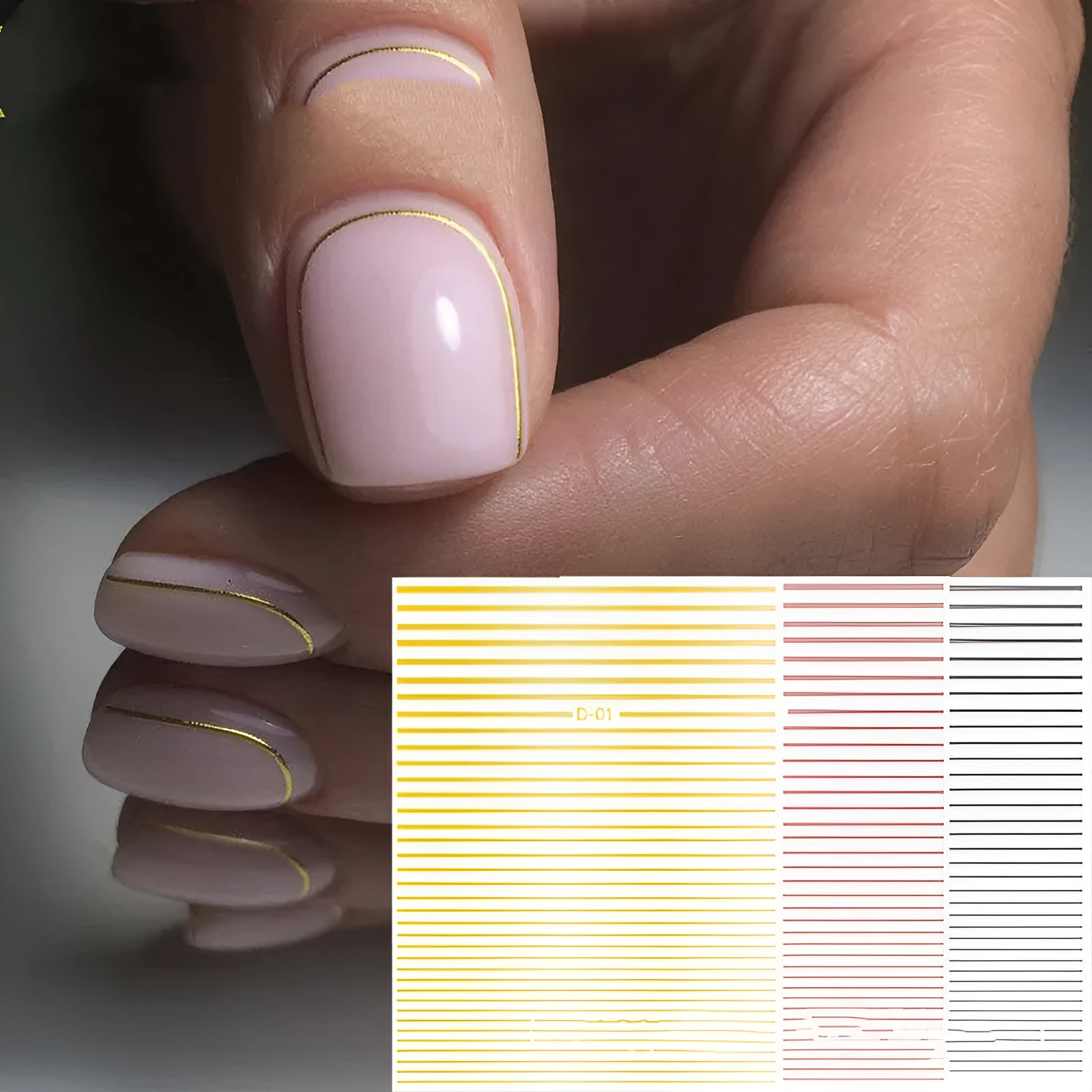Nail art fluorescent line adhesive sticker sheet 8.5x13cm with multiple line decals in black and gold
