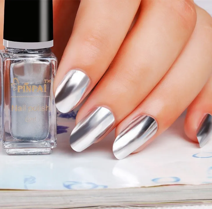 6ml bottle of mirror silver chrome nail polish with metallic reflective finish