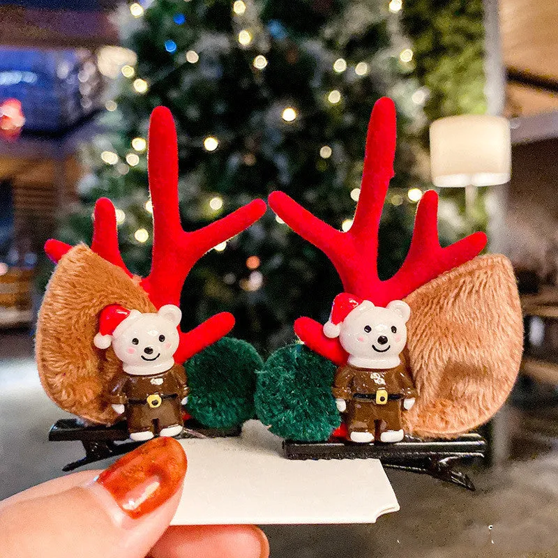 Set of plastic resin Christmas hair clips for kids with antler and snowman designs