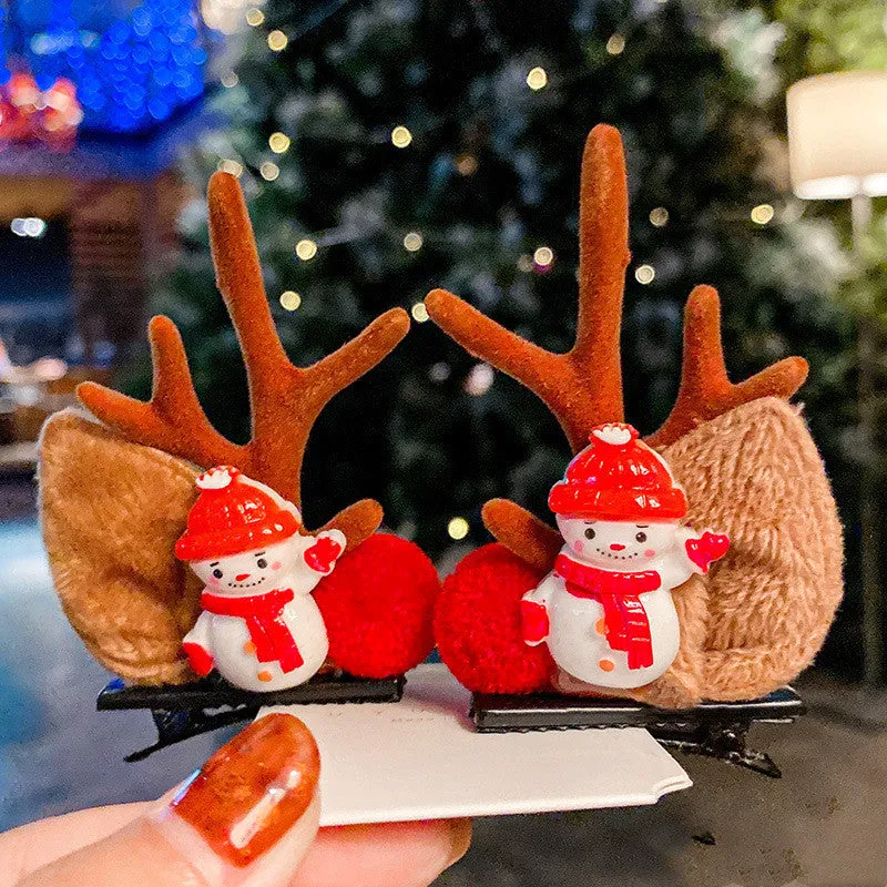 Set of plastic resin Christmas hair clips for kids with antler and snowman designs