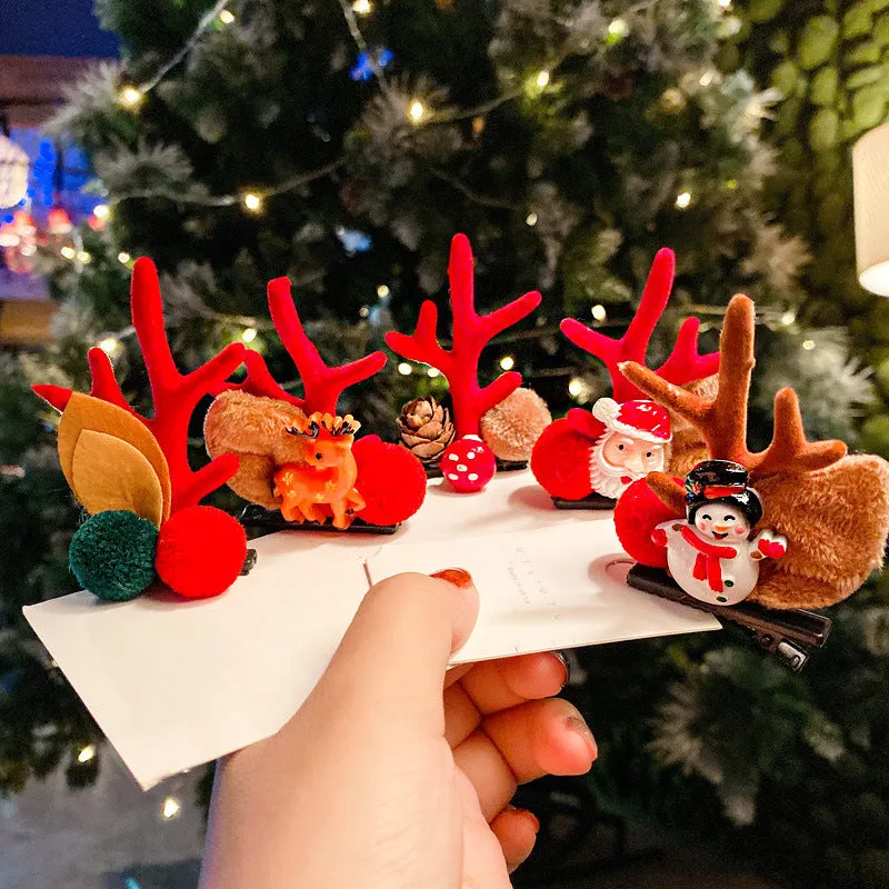 Set of plastic resin Christmas hair clips for kids with antler and snowman designs
