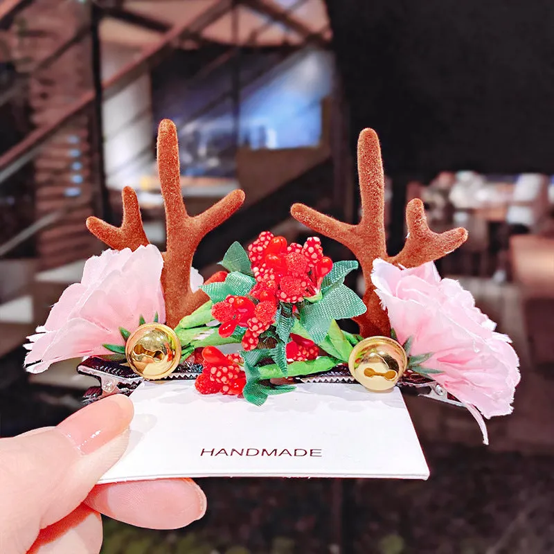 Set of plastic resin Christmas hair clips for kids with antler and snowman designs