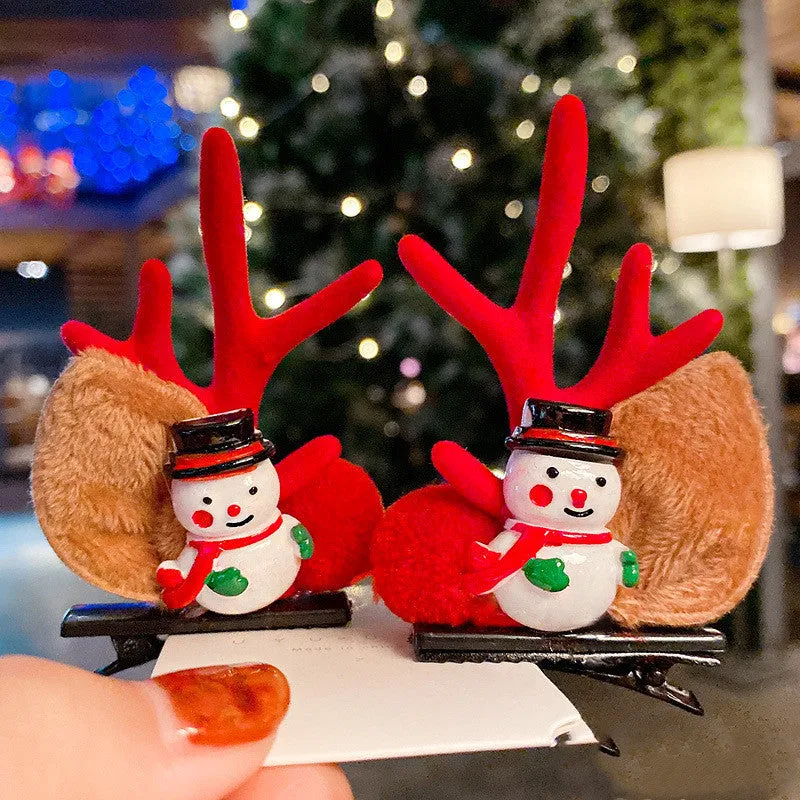 Set of plastic resin Christmas hair clips for kids with antler and snowman designs
