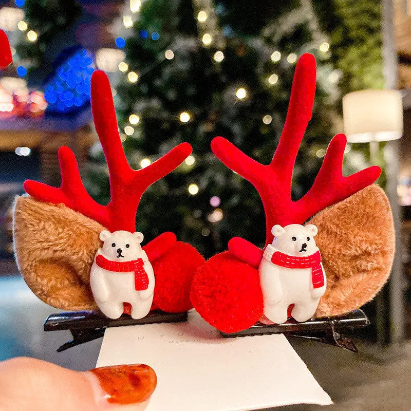 Set of plastic resin Christmas hair clips for kids with antler and snowman designs