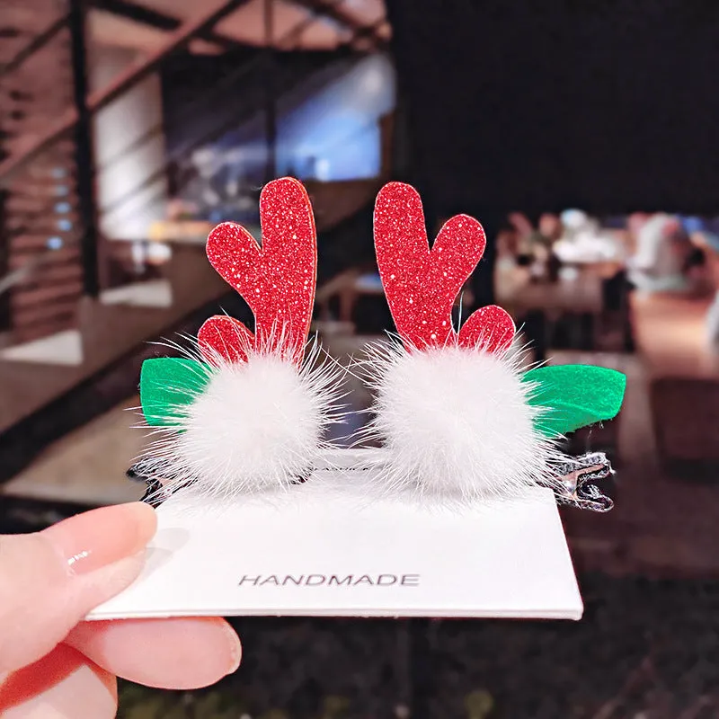 Set of plastic resin Christmas hair clips for kids with antler and snowman designs