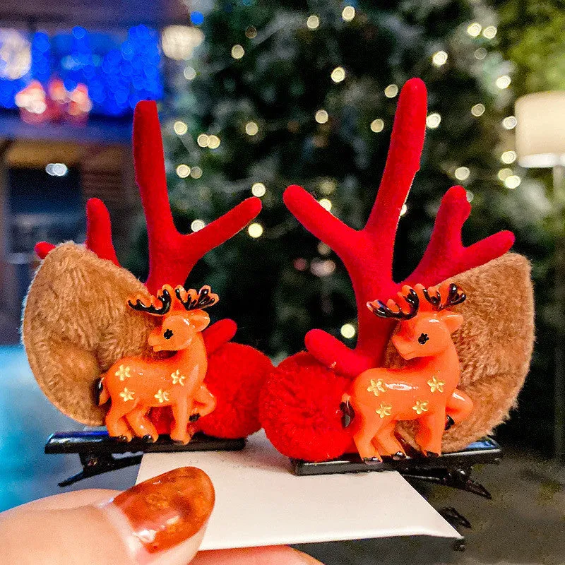 Set of plastic resin Christmas hair clips for kids with antler and snowman designs
