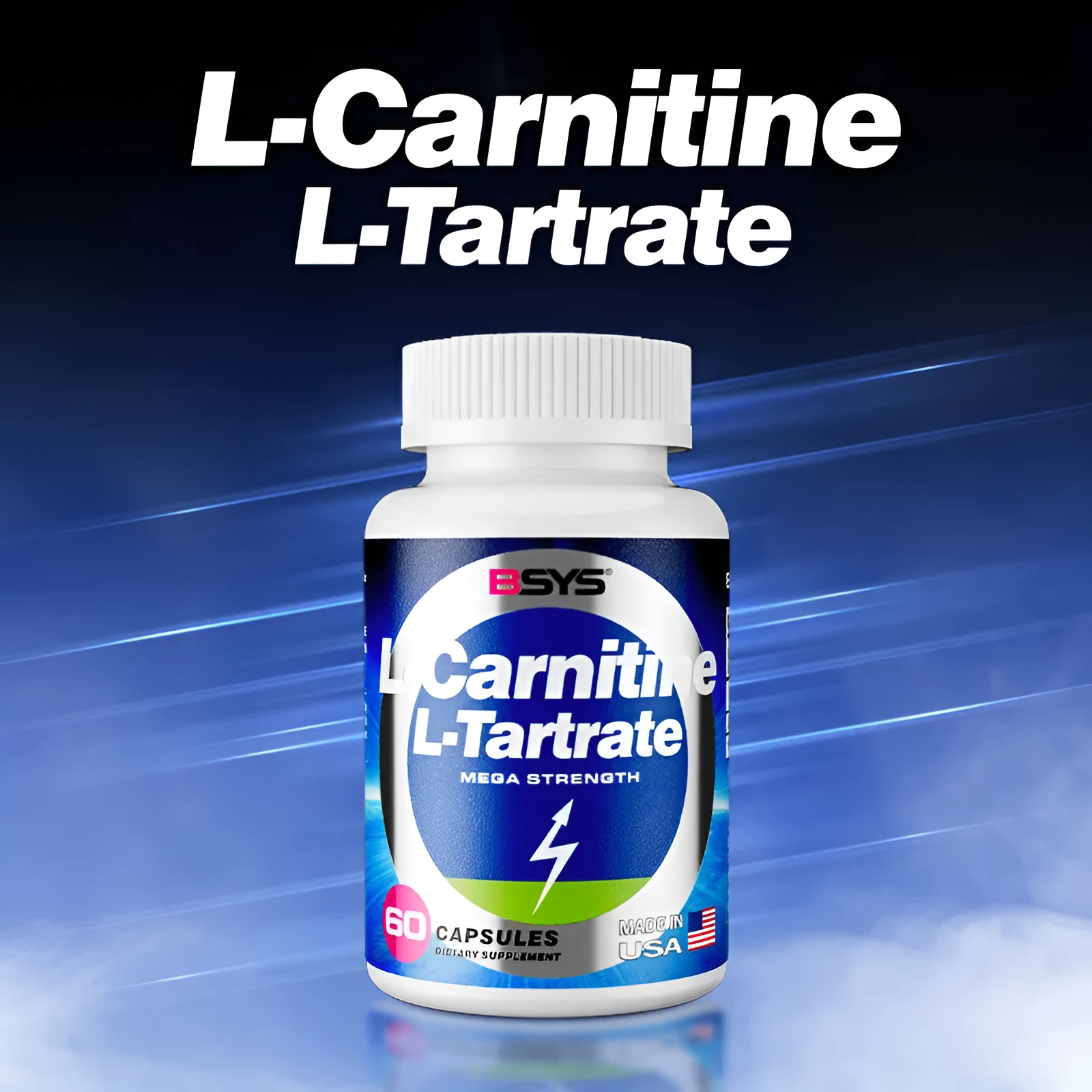 BSYS L-Carnitine L-Tartrate 60 capsules bottle dietary supplement for energy metabolism and exercise recovery