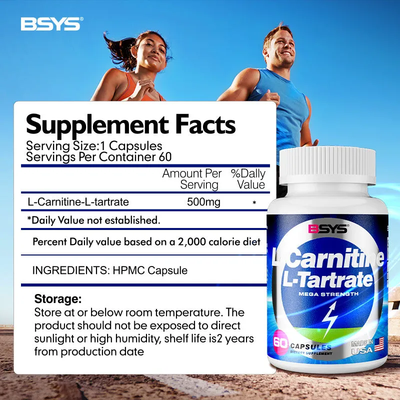 BSYS L-Carnitine L-Tartrate 60 capsules bottle dietary supplement for energy metabolism and exercise recovery