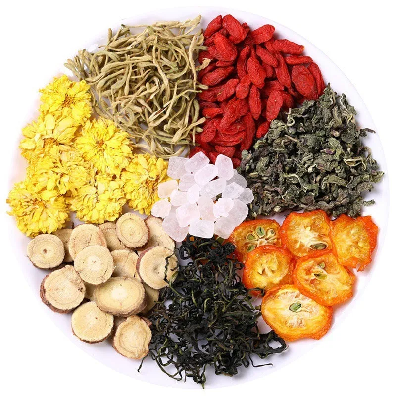 Box of honeysuckle chrysanthemum loose leaf herbal tea showing 150g net weight