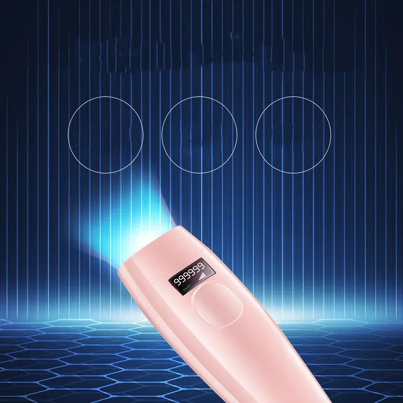 Laser beauty hair removal device in pink and white with ABS body, 15x6.5x3.5cm, includes glasses and scraper