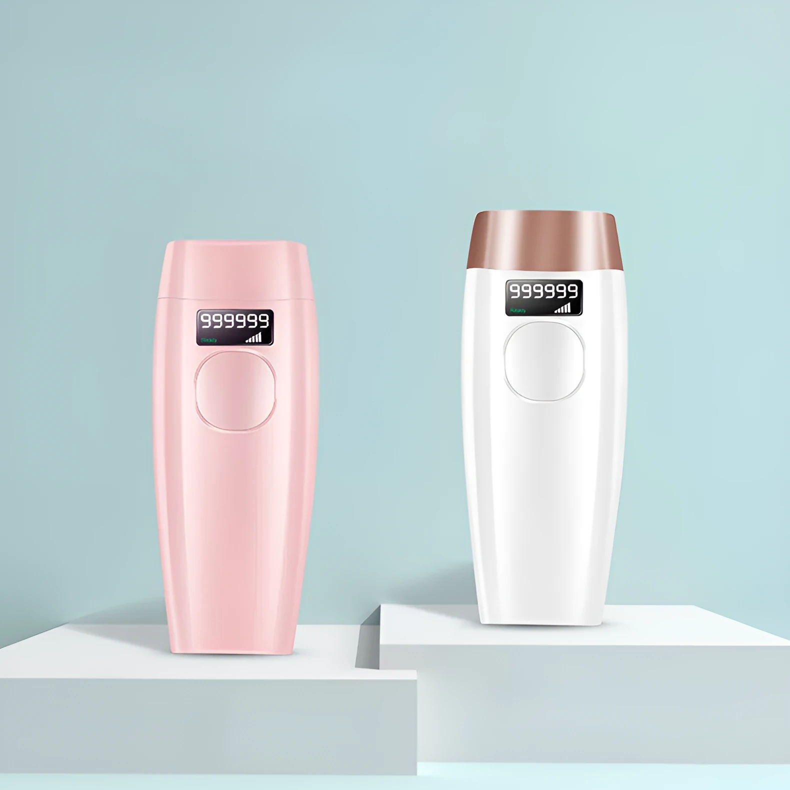 Laser beauty hair removal device in pink and white with ABS body, 15x6.5x3.5cm, includes glasses and scraper