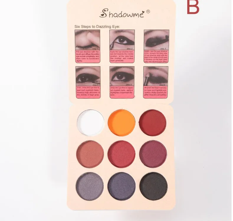 Matte makeup eyeshadow palette in style B with 9 colours, closed compact case showing EVA packaging