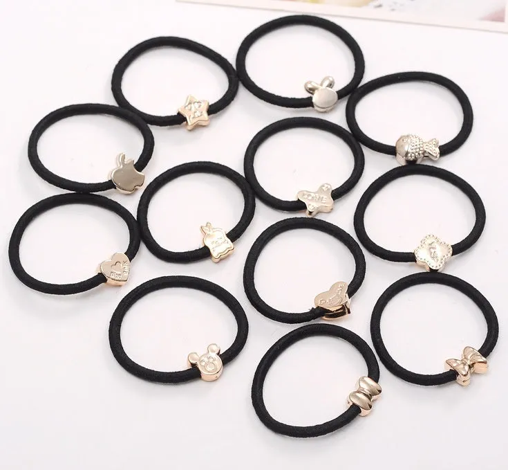 Korean style high elastic hair rings with gold bead plating, mixed colours, 50 pieces bulk pack