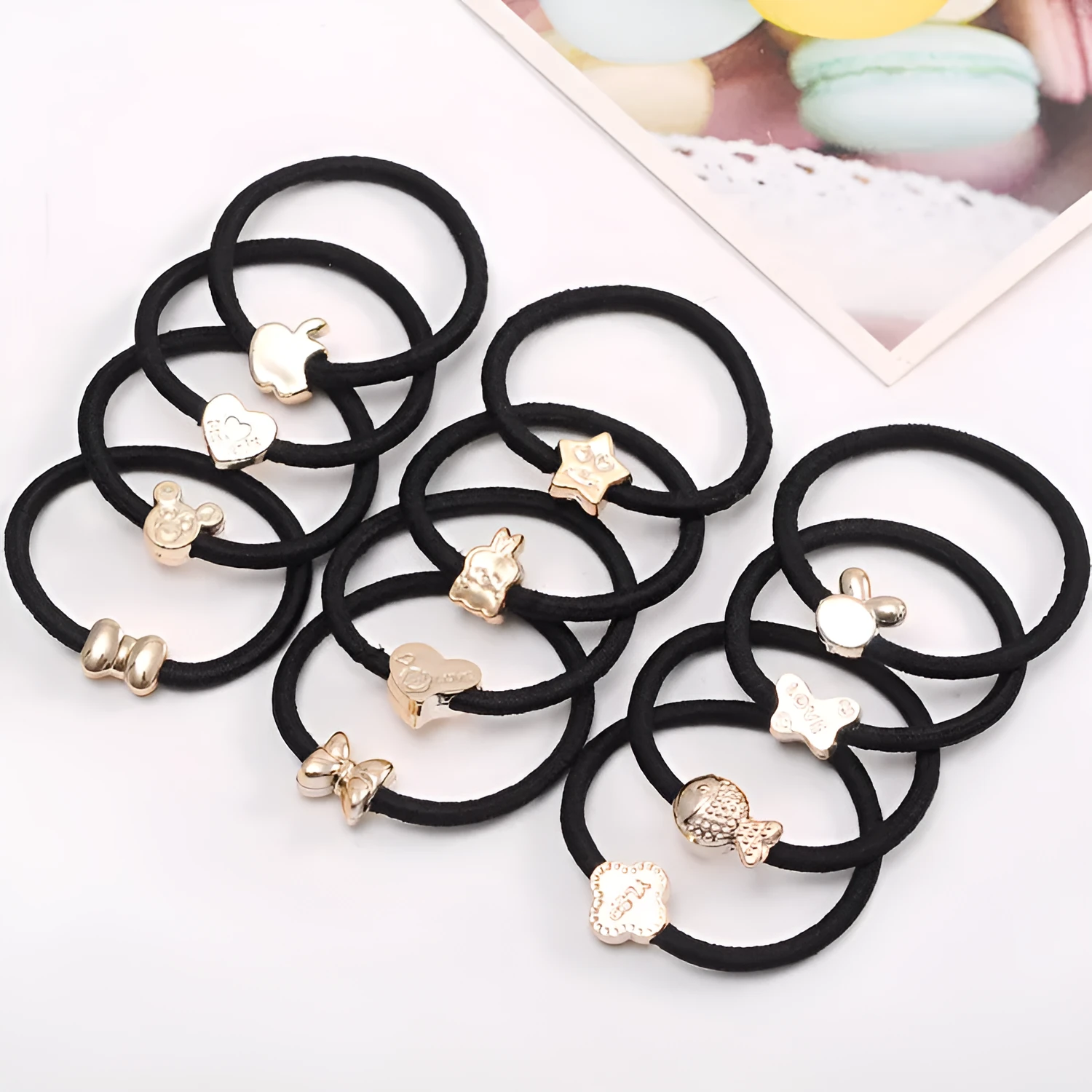Korean style high elastic hair rings with gold bead plating, mixed colours, 50 pieces bulk pack