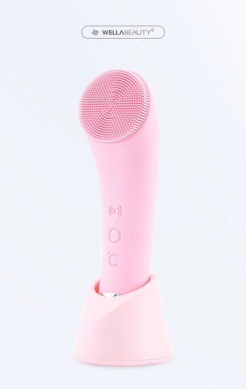 Pink electric silicone face cleansing brush with vibration and heating functions, USB rechargeable
