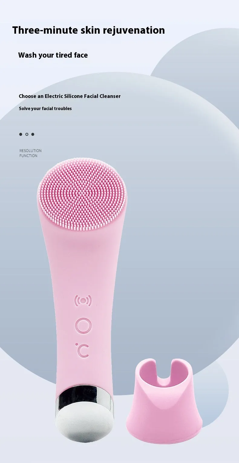 Pink electric silicone face cleansing brush with vibration and heating functions, USB rechargeable