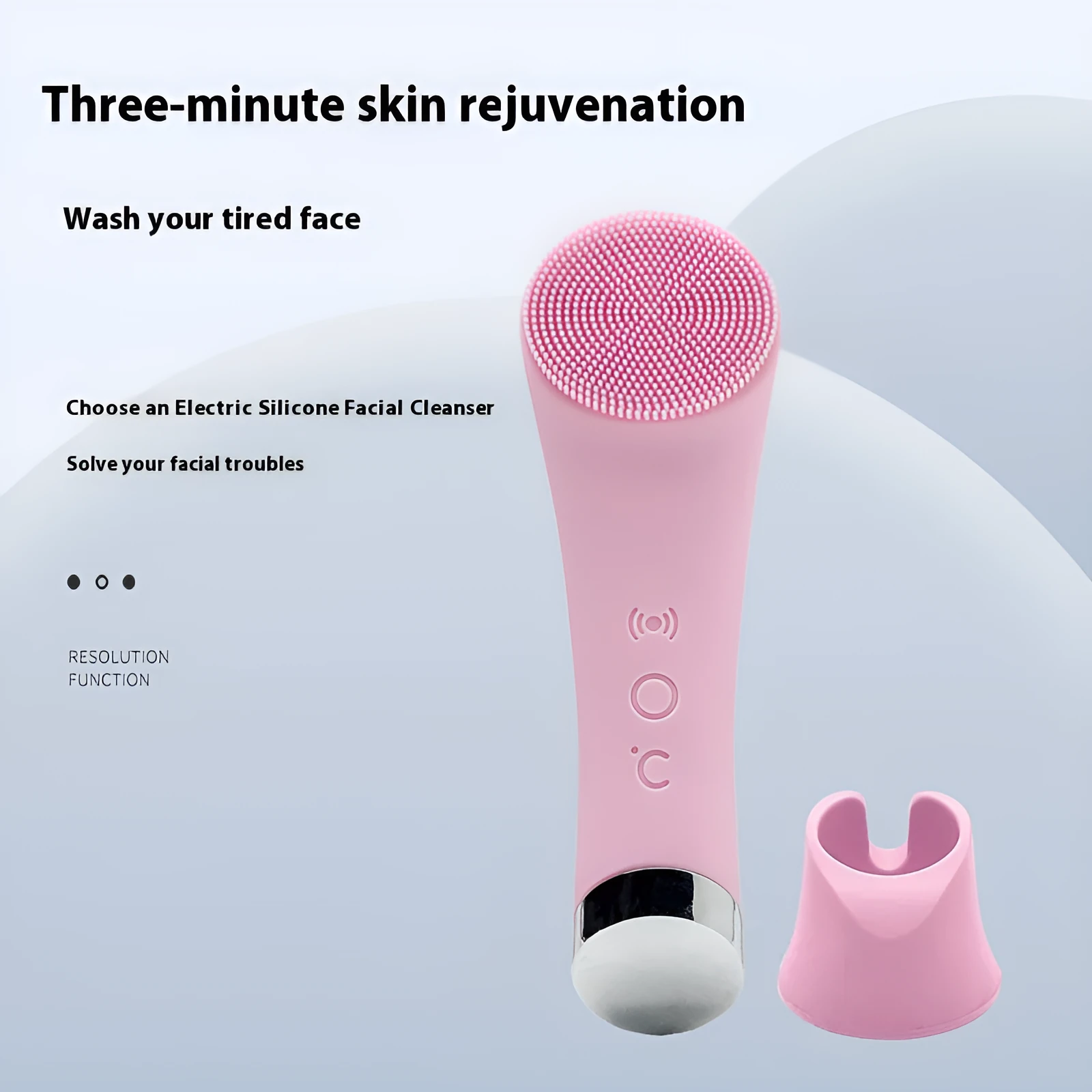 Pink electric silicone face cleansing brush with vibration and heating functions, USB rechargeable