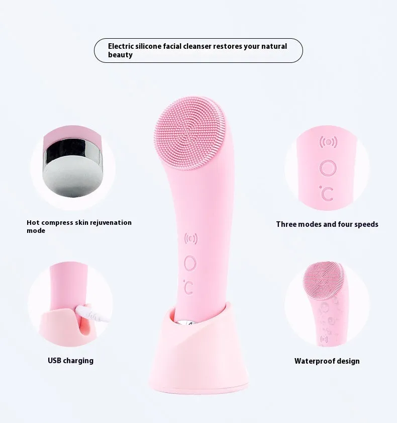Pink electric silicone face cleansing brush with vibration and heating functions, USB rechargeable