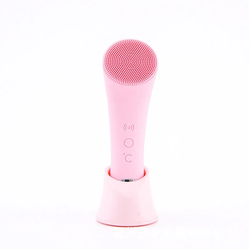 Pink electric silicone face cleansing brush with vibration and heating functions, USB rechargeable